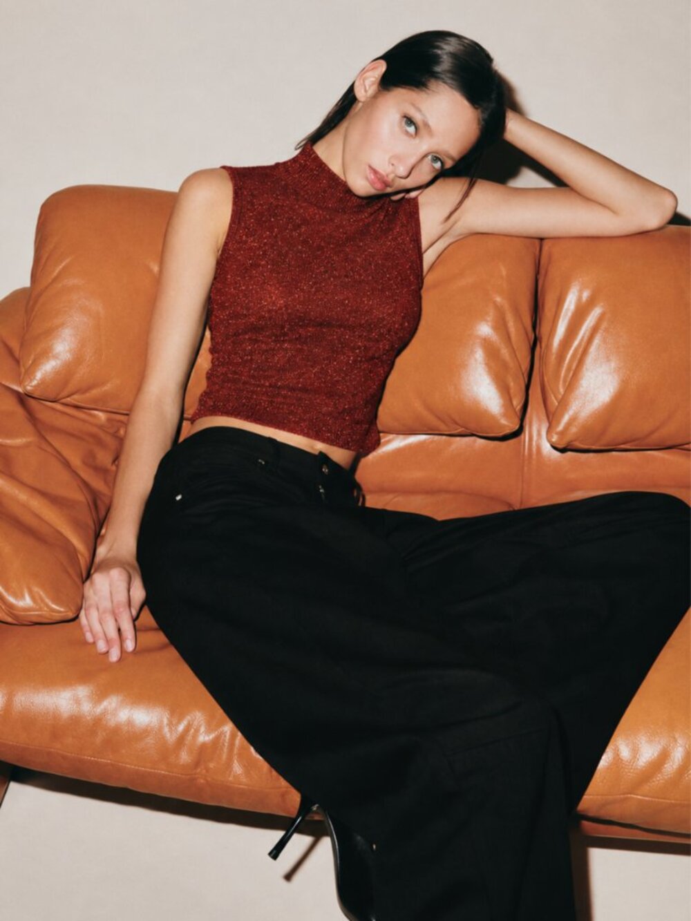 Viscose Lurex Stretch Sleeveless Red Turtleneck Jersey Top Y2K Festive Glam